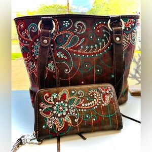 Brown Embroidered Floral Tote with Matching Wallet